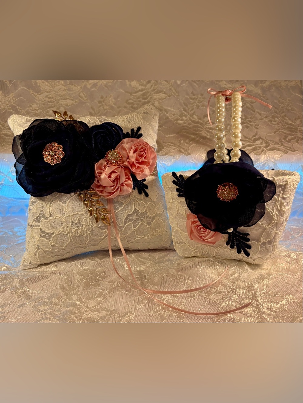 🩷 Handmade Navy Blue, Pink and Rose Gold Gold Pillow and Flower Basket Set